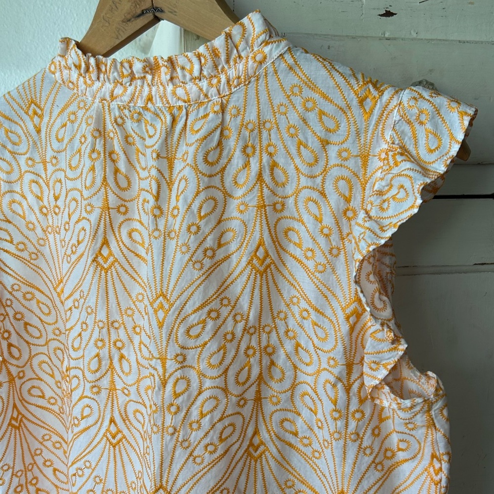 Ann Taylor LOFT | Womens White/Orange Ruffle Collar/Cap Sleeve Embroidered Top M - Picture 8 of 16